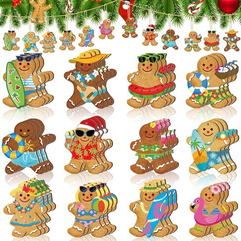 Geelin 36 Pcs Hawaii Christmas Wooden Hanging Ornaments Summer Beach Gingerbread Man Hanging Ornaments Christmas in July Tree Decorations with String for Tropical Luau Party Holiday Supplies in Saudi Arabia