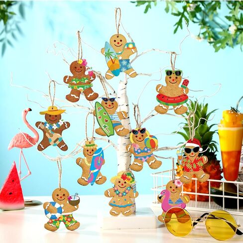 Geelin 36 Pcs Hawaii Christmas Wooden Hanging Ornaments Summer Beach Gingerbread Man Hanging Ornaments Christmas in July Tree Decorations with String for Tropical Luau Party Holiday Supplies in Saudi Arabia