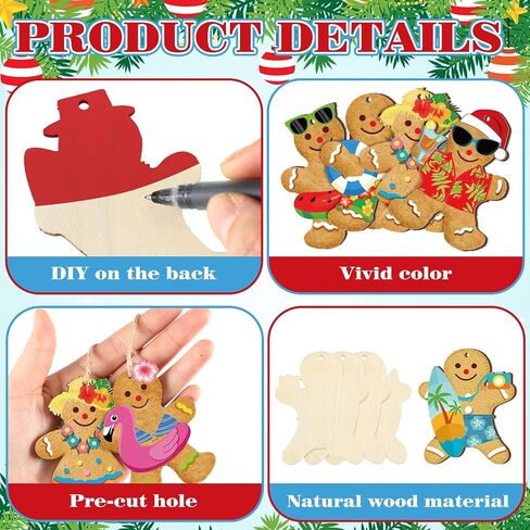 Geelin 36 Pcs Hawaii Christmas Wooden Hanging Ornaments Summer Beach Gingerbread Man Hanging Ornaments Christmas in July Tree Decorations with String for Tropical Luau Party Holiday Supplies in Saudi Arabia