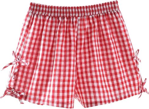 Girl's Plaid Mini Shorts Gingham Bowknot Elastic Waist Wide Leg Summer Shorts in Saudi Arabia