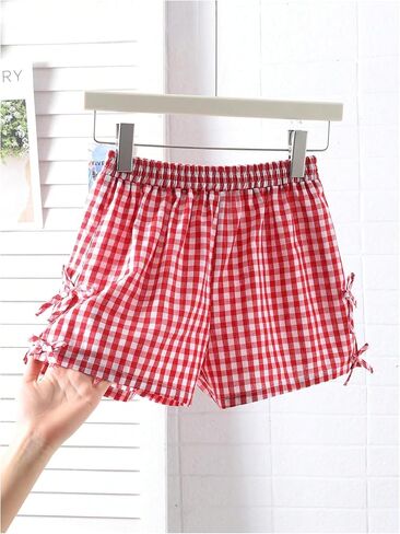 Girl's Plaid Mini Shorts Gingham Bowknot Elastic Waist Wide Leg Summer Shorts in Saudi Arabia
