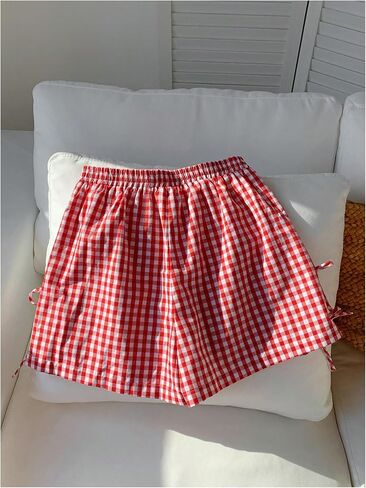 Girl's Plaid Mini Shorts Gingham Bowknot Elastic Waist Wide Leg Summer Shorts in Saudi Arabia