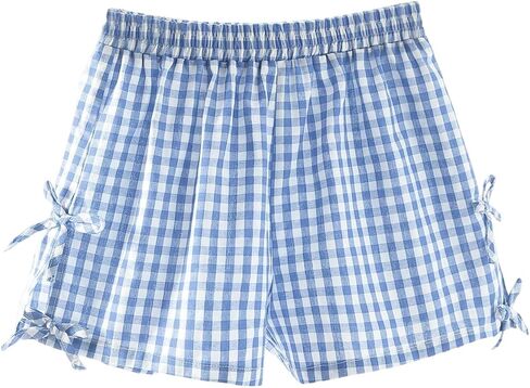 Girl's Plaid Mini Shorts Gingham Bowknot Elastic Waist Wide Leg Summer Shorts in Saudi Arabia