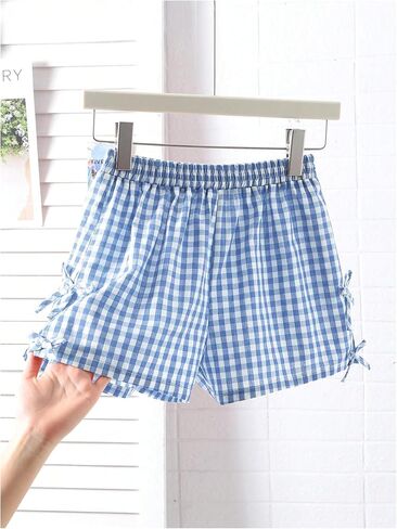 Girl's Plaid Mini Shorts Gingham Bowknot Elastic Waist Wide Leg Summer Shorts in Saudi Arabia