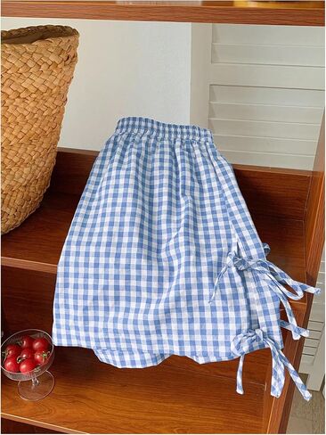 Girl's Plaid Mini Shorts Gingham Bowknot Elastic Waist Wide Leg Summer Shorts in Saudi Arabia