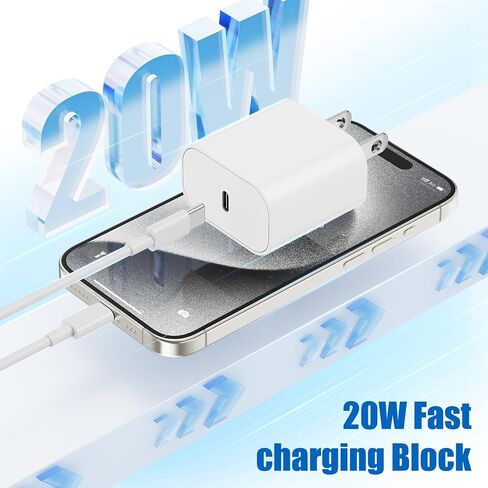 كتلة شاحن سريع iPhone 16 15 / سلك كابل من النوع C إلى C بطول 10 أقدام، قابس شحن USB C 20 وات لهاتف Apple iPhone 16 Pro Max/16 Plus/15 Pro Max، iPad 12.9/11 بوصة 4/3th/Air/Mini، طاقة الحائط محول مكعب الطوب in Kuwait