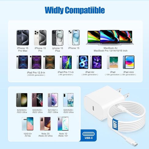 كتلة شاحن سريع iPhone 16 15 / سلك كابل من النوع C إلى C بطول 10 أقدام، قابس شحن USB C 20 وات لهاتف Apple iPhone 16 Pro Max/16 Plus/15 Pro Max، iPad 12.9/11 بوصة 4/3th/Air/Mini، طاقة الحائط محول مكعب الطوب in Kuwait