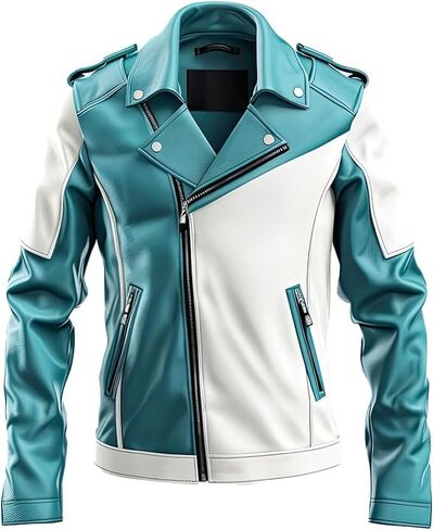 Men’s Genuine Sheepskin Motorcycle Biker Leather Jacket in Turquoise Blue and White with Notch Lapel Collar in Saudi Arabia
