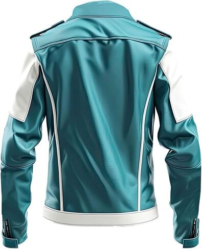 Men’s Genuine Sheepskin Motorcycle Biker Leather Jacket in Turquoise Blue and White with Notch Lapel Collar in Saudi Arabia