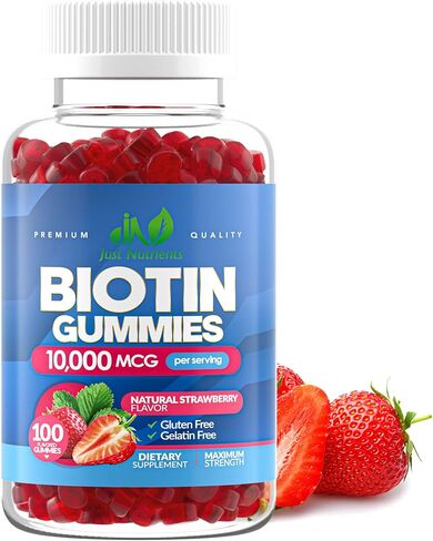Biotin 10000mcg gummies للنساء والرجال - 2x أقصى قوة biotin لنمو الشعر ، والجلد والأظافر - خالية من الغلوتين ، نباتي ، غير المعدلة وراثيا ، نكهة الفراولة الرائعة - 60 جنة. in Kuwait