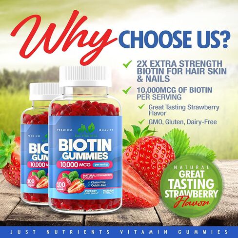 Biotin 10000mcg gummies للنساء والرجال - 2x أقصى قوة biotin لنمو الشعر ، والجلد والأظافر - خالية من الغلوتين ، نباتي ، غير المعدلة وراثيا ، نكهة الفراولة الرائعة - 60 جنة. in Kuwait