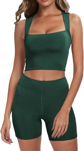 Workout Sets for Women 2 Piece Women Sets 2 Piece Outfits Sleeveless Square Neck Crop Tops High Waist Biker Shorts in Saudi Arabia