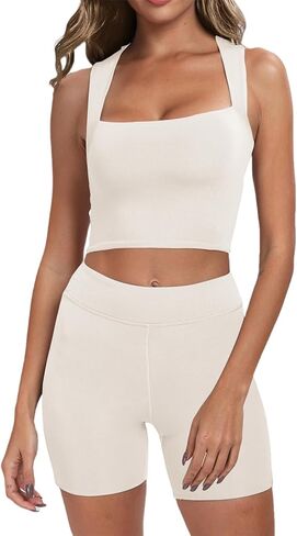 Workout Sets for Women 2 Piece Women Sets 2 Piece Outfits Sleeveless Square Neck Crop Tops High Waist Biker Shorts in Saudi Arabia