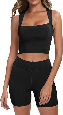Workout Sets for Women 2 Piece Women Sets 2 Piece Outfits Sleeveless Square Neck Crop Tops High Waist Biker Shorts in Saudi Arabia