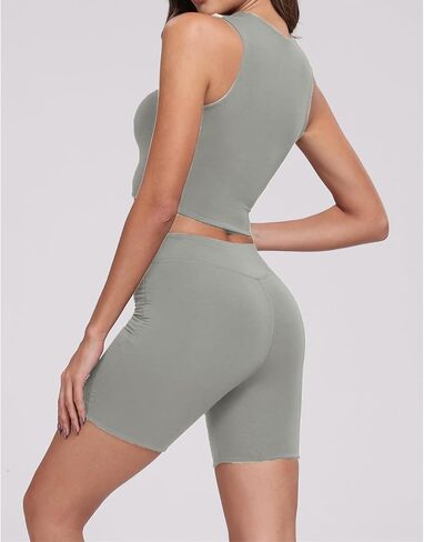 Workout Sets for Women 2 Piece Women Sets 2 Piece Outfits Sleeveless Square Neck Crop Tops High Waist Biker Shorts in Saudi Arabia