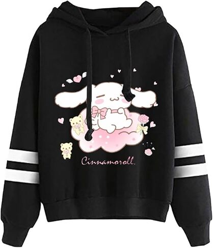 Anime Pullover Sweatshirt for Women Cute Cartoon Print Hoodie Teen Girls Striped Long Sleeve Hooded Sweater in Kuwait
