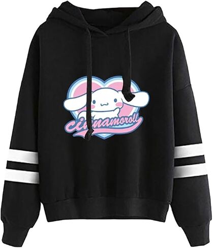 Anime Pullover Sweatshirt for Women Cute Cartoon Print Hoodie Teen Girls Striped Long Sleeve Hooded Sweater in Kuwait
