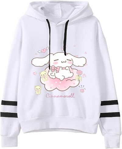 Anime Pullover Sweatshirt for Women Cute Cartoon Print Hoodie Teen Girls Striped Long Sleeve Hooded Sweater in Kuwait