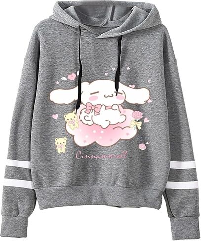 Anime Pullover Sweatshirt for Women Cute Cartoon Print Hoodie Teen Girls Striped Long Sleeve Hooded Sweater in Kuwait