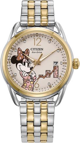 Citizen Ladies Eco-Drive Disney Minnie Empowered Two Tone Stainless Steel Watch with Crystal Accents, White Dial,3 Hand (Model: FE6084-70W) in Saudi Arabia