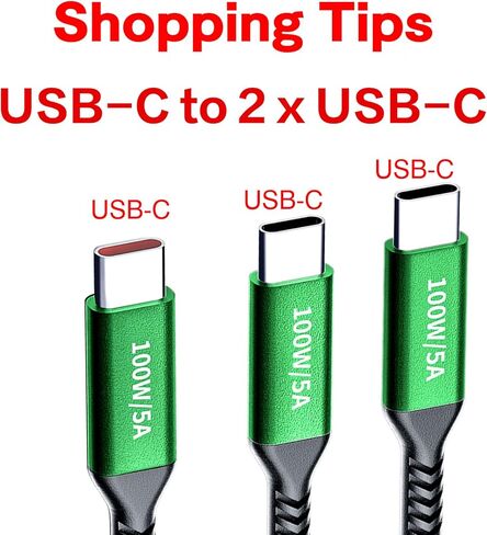 كابل 100 واط 2 في 1 USB-C بطول 4 أقدام، مخرجات مزدوجة 5 أمبير شحن سريع، مقسم شحن USB متعدد النوع C لجهاز MacBook Air، iPhone 15 Plus/Pro Max، iPad Pro، Samsung Galaxy S24 S23 S22، Tab S9، Lenovo، Dell حاسوب محمول in Kuwait