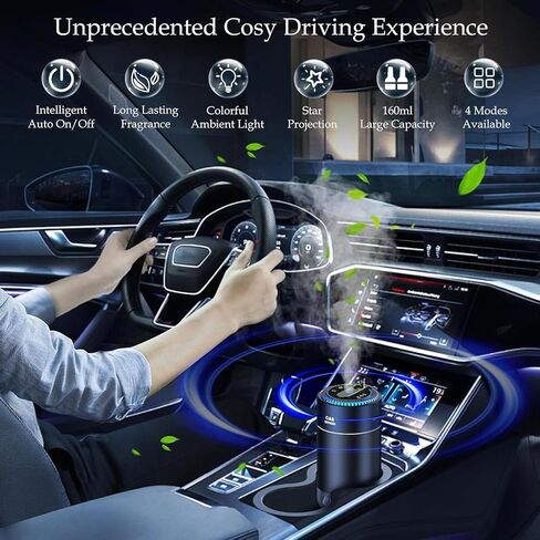 Smart Car Air Fresheners with Star Projector, Car Essential Oil Diffuser with 2 Natural Essential Oils, 160ml in Total, Lasts 6 Months, Auto On/Off Smart Car Diffuser(Black)… in Saudi Arabia
