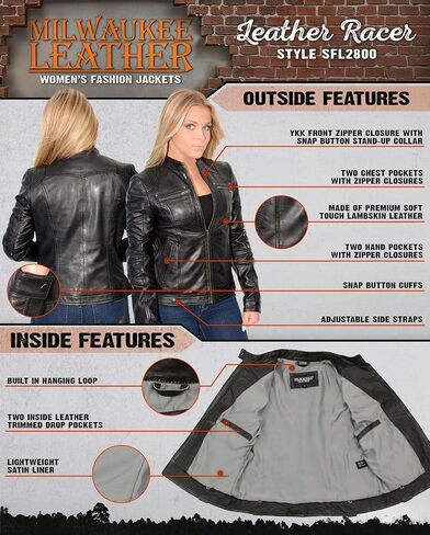 Milwaukee Leather SFL2800 نسقة نسائية أسود الوقوف على طوق الدراجات النارية أزياء السترة الجلدية in Saudi Arabia