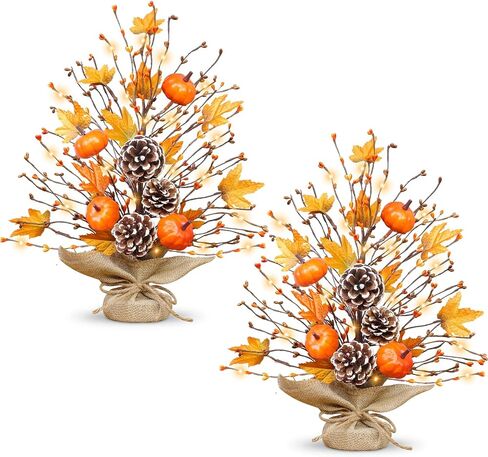 Timer - 2 Pack 18 Inch Lighted Fall Tree Fall Decorations for Home, Fall Maples Tree with Pumpkins Pinecones 40 LEDs Battery Operated, Artificial Tabletop Tree for Fall Decor Thanksgiving Home Indoor in Saudi Arabia