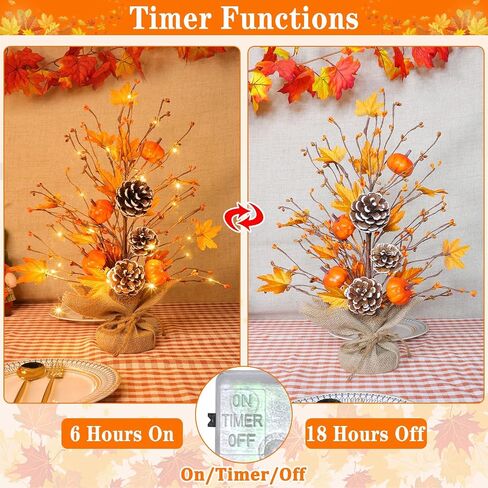 Timer - 2 Pack 18 Inch Lighted Fall Tree Fall Decorations for Home, Fall Maples Tree with Pumpkins Pinecones 40 LEDs Battery Operated, Artificial Tabletop Tree for Fall Decor Thanksgiving Home Indoor in Saudi Arabia