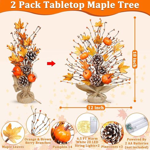 Timer - 2 Pack 18 Inch Lighted Fall Tree Fall Decorations for Home, Fall Maples Tree with Pumpkins Pinecones 40 LEDs Battery Operated, Artificial Tabletop Tree for Fall Decor Thanksgiving Home Indoor in Saudi Arabia