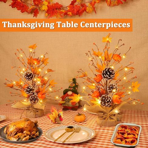 Timer - 2 Pack 18 Inch Lighted Fall Tree Fall Decorations for Home, Fall Maples Tree with Pumpkins Pinecones 40 LEDs Battery Operated, Artificial Tabletop Tree for Fall Decor Thanksgiving Home Indoor in Saudi Arabia