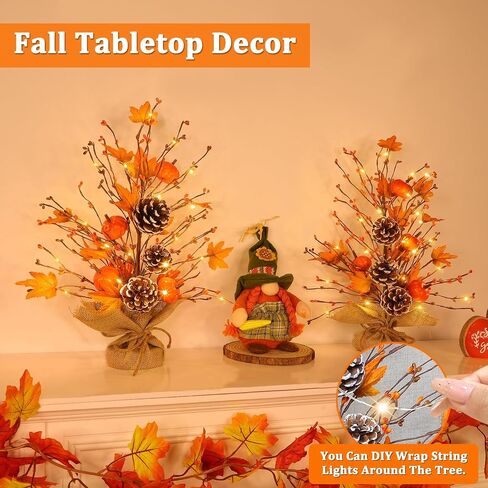 Timer - 2 Pack 18 Inch Lighted Fall Tree Fall Decorations for Home, Fall Maples Tree with Pumpkins Pinecones 40 LEDs Battery Operated, Artificial Tabletop Tree for Fall Decor Thanksgiving Home Indoor in Saudi Arabia