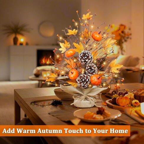 Timer - 2 Pack 18 Inch Lighted Fall Tree Fall Decorations for Home, Fall Maples Tree with Pumpkins Pinecones 40 LEDs Battery Operated, Artificial Tabletop Tree for Fall Decor Thanksgiving Home Indoor in Saudi Arabia