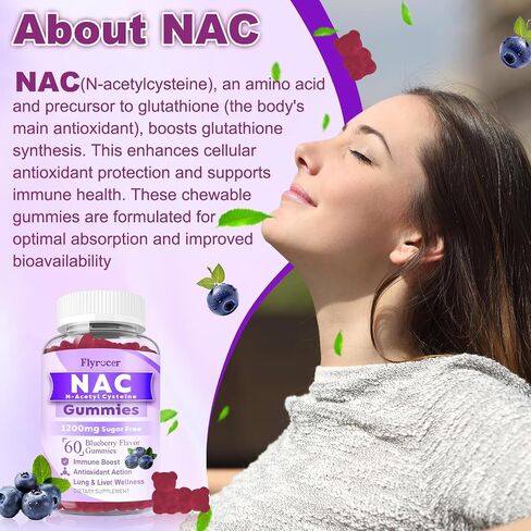 NAC Gummies 1200mg, N Acetyl Cysteine Supplement for Adults and Kids, NAC Chewable Support Liver Health, Antioxidants & Immune System, Sugar-Free, Blueberry Flavor, 60 Count in Kuwait