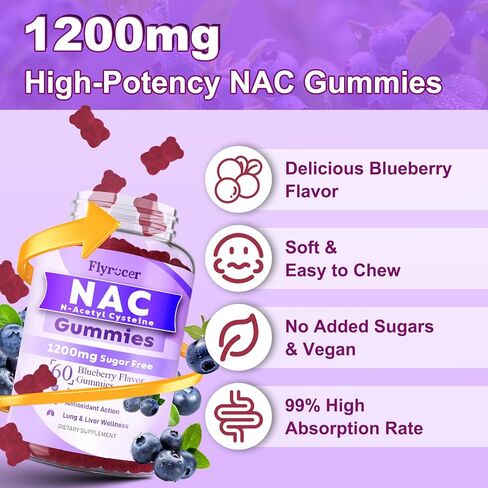 NAC Gummies 1200mg, N Acetyl Cysteine Supplement for Adults and Kids, NAC Chewable Support Liver Health, Antioxidants & Immune System, Sugar-Free, Blueberry Flavor, 60 Count in Kuwait