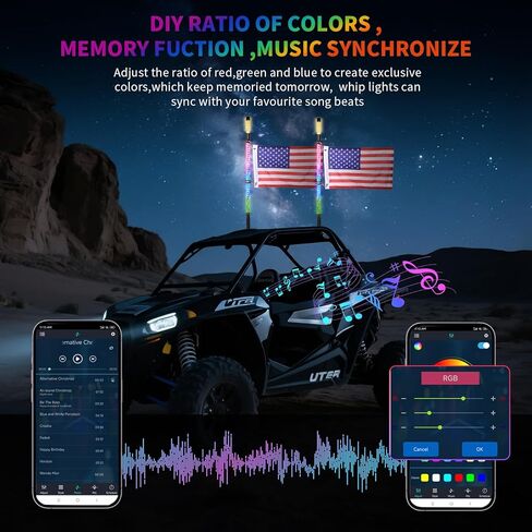 2pcs 3ft LED LED Light and Blare Flare Light Kit مع قاعدة ربيع ، مطاردة RGB الحلزونية وأضواء الموسيقى مع مفتاح الروك ، التطبيق والتحكم عن بُعد ، لـ UTV ATV RZR SXS Can-Am Polaris in Kuwait