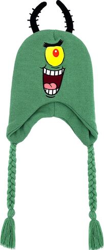 Spongebob Squarepants Beanie Hat, Plankton Peruvian Winter Knit Cap with 3D Antenna and Braided Tassels, Teal, One Size in Saudi Arabia