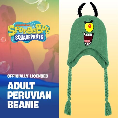 Spongebob Squarepants Beanie Hat, Plankton Peruvian Winter Knit Cap with 3D Antenna and Braided Tassels, Teal, One Size in Saudi Arabia