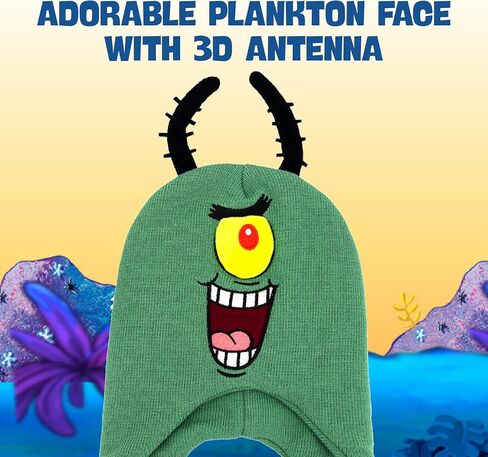 Spongebob Squarepants Beanie Hat, Plankton Peruvian Winter Knit Cap with 3D Antenna and Braided Tassels, Teal, One Size in Saudi Arabia