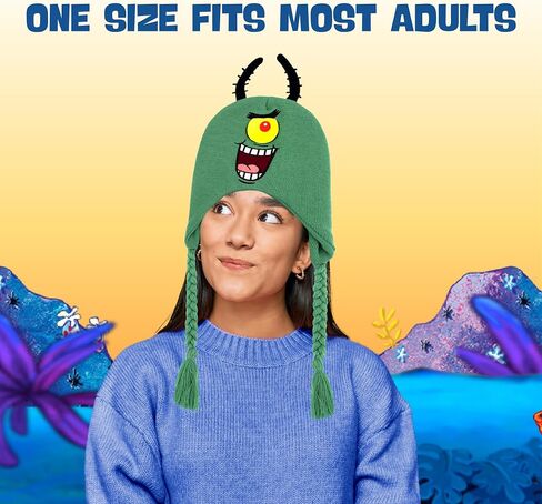Spongebob Squarepants Beanie Hat, Plankton Peruvian Winter Knit Cap with 3D Antenna and Braided Tassels, Teal, One Size in Saudi Arabia