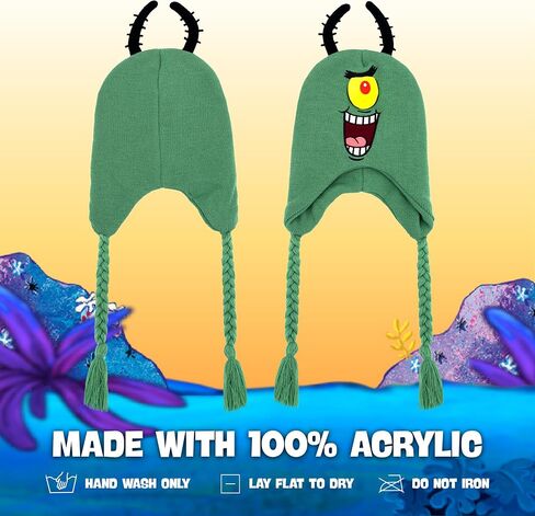 Spongebob Squarepants Beanie Hat, Plankton Peruvian Winter Knit Cap with 3D Antenna and Braided Tassels, Teal, One Size in Saudi Arabia