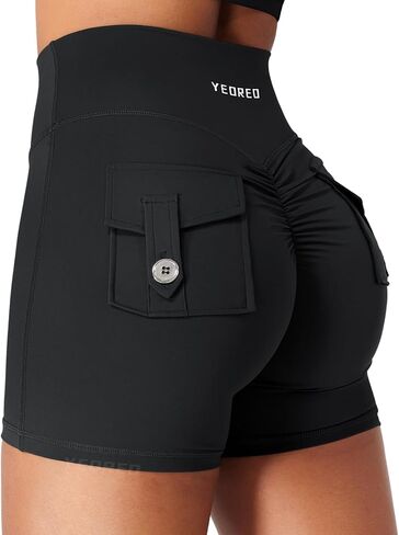 YEOREO CoreFlex Scrunch Workout Shorts with Pockets for Women 4.5" High Waisted Cargo Gym Biker Shorts Tummy Control Yoga in Saudi Arabia