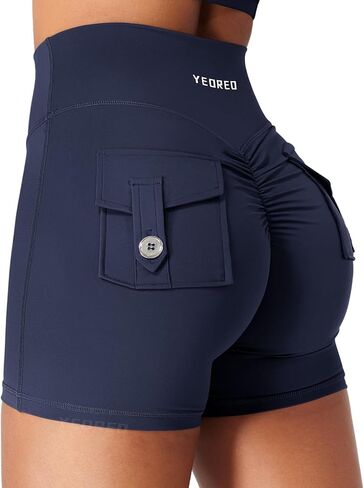 YEOREO CoreFlex Scrunch Workout Shorts with Pockets for Women 4.5" High Waisted Cargo Gym Biker Shorts Tummy Control Yoga in Saudi Arabia
