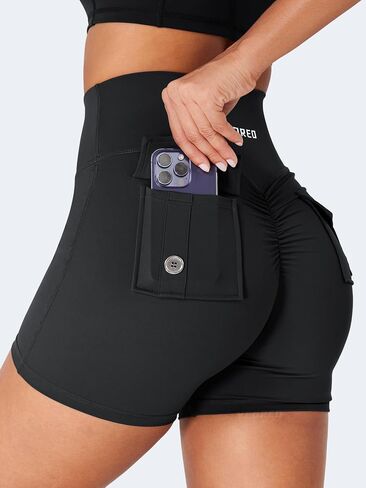 YEOREO CoreFlex Scrunch Workout Shorts with Pockets for Women 4.5" High Waisted Cargo Gym Biker Shorts Tummy Control Yoga in Saudi Arabia