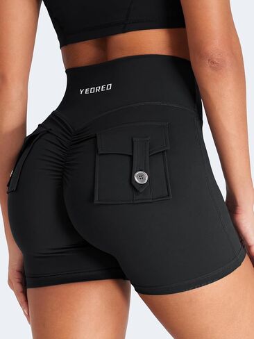 YEOREO CoreFlex Scrunch Workout Shorts with Pockets for Women 4.5" High Waisted Cargo Gym Biker Shorts Tummy Control Yoga in Saudi Arabia