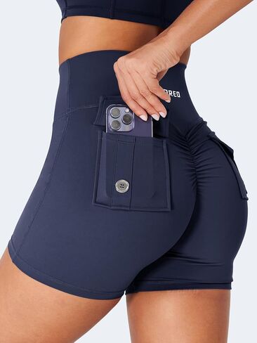 YEOREO CoreFlex Scrunch Workout Shorts with Pockets for Women 4.5" High Waisted Cargo Gym Biker Shorts Tummy Control Yoga in Saudi Arabia