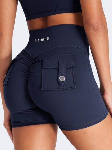YEOREO CoreFlex Scrunch Workout Shorts with Pockets for Women 4.5" High Waisted Cargo Gym Biker Shorts Tummy Control Yoga in Saudi Arabia