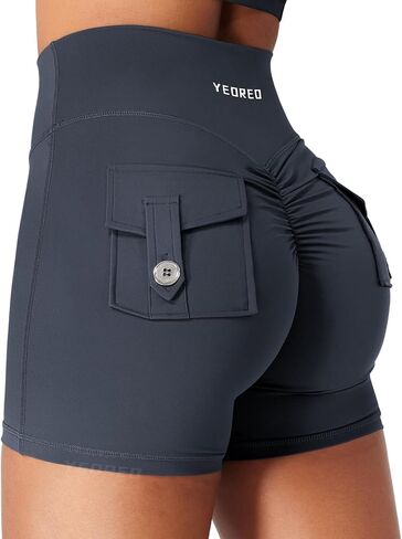 YEOREO CoreFlex Scrunch Workout Shorts with Pockets for Women 4.5" High Waisted Cargo Gym Biker Shorts Tummy Control Yoga in Saudi Arabia