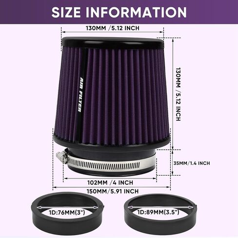 4 Inches Cold Air Intake Filter 3" or 3.5" or 4" High Performance Washable Clamp-On Replacement Cone Air Filter 3 in 1 Size Purple in Kuwait