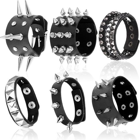 6 PCS Punk Goth Pu Leather Bracelet ، Black Punk Leather Rivets Cuff Cuff Steampunk للرجال in Kuwait